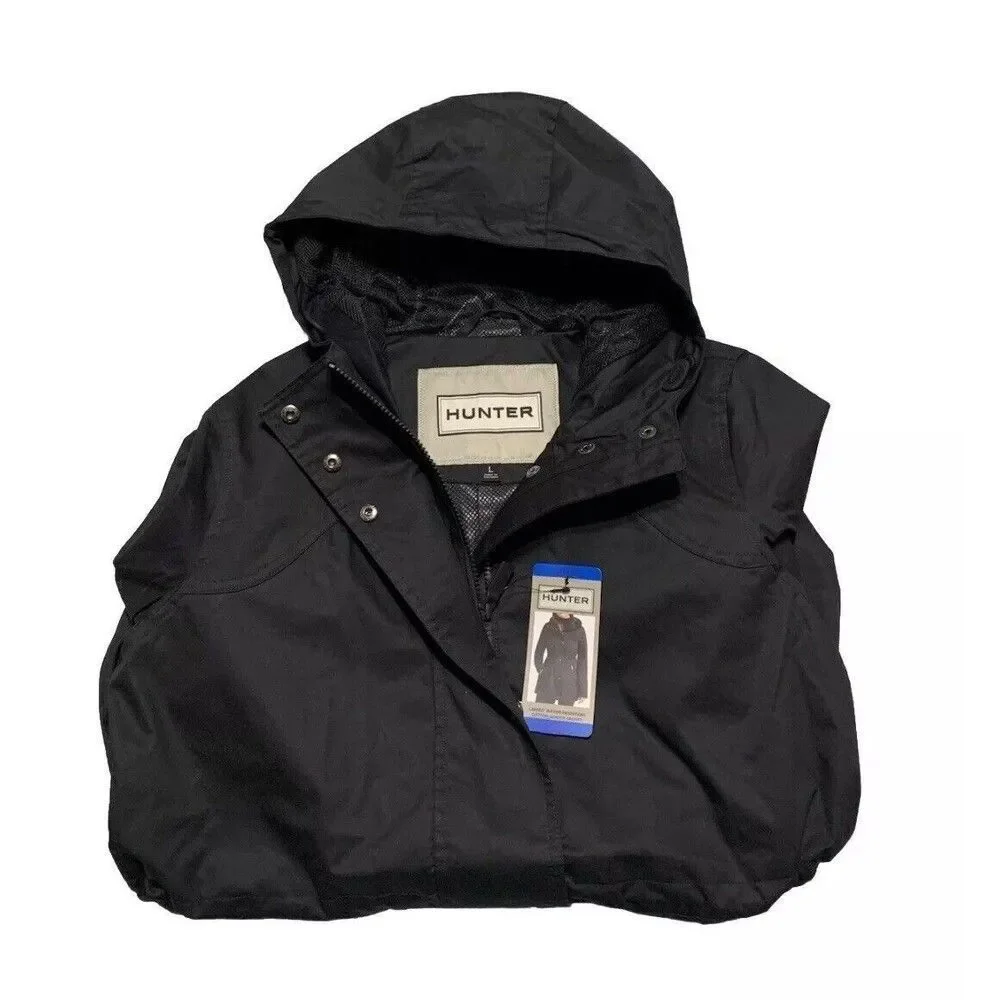HUNTER Women's XL Cotton Smock Hooded Rain Jacket Water Resistant Black NWT - Picture 13 of 13